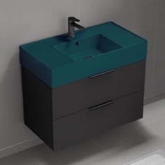 Floating Black Bathroom Vanity, Modern, 32 inch, Green Ceramic Sink
